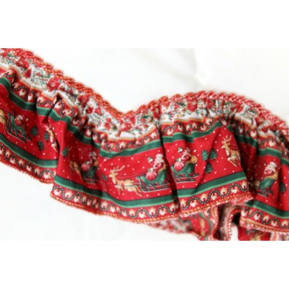 VTG 1980s Handmade Tree Skirt Cheryl Johnson Print Santa Sleigh Reindeer Trim - Picture 6 of 8